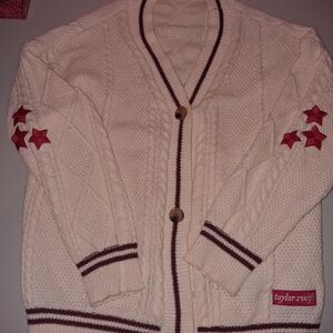 Taylor Swift Cream Cable Knit Cardigan with Red Star Details